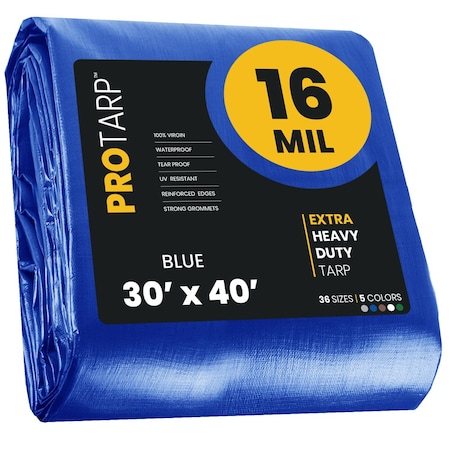 30 Ft X 40 Ft Blue Polyethylene Heavy Duty 16 Mil Tarp, Waterproof, UV Resistant, Rip And Tear Proof